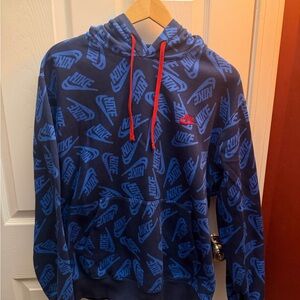 Nike Blue Patterned Hoodie with Red Drawstrings